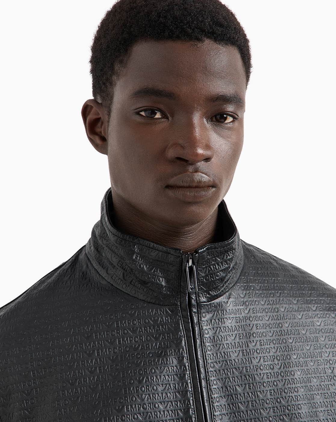 Buy EMPORIO ARMANI Logo Engraved Regular Fit Leather Jacket