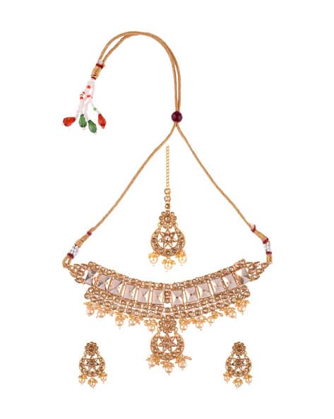 Indian Jewelry Choker Necklace Maang Tikka Earrings Bollywood Wedding  Crystal Kundan Necklace Earrings Set