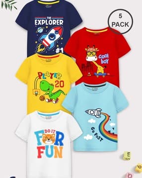 Boys Pack of 5 Graphic Print Regular Fit Round-Neck T-Shirts-image-35