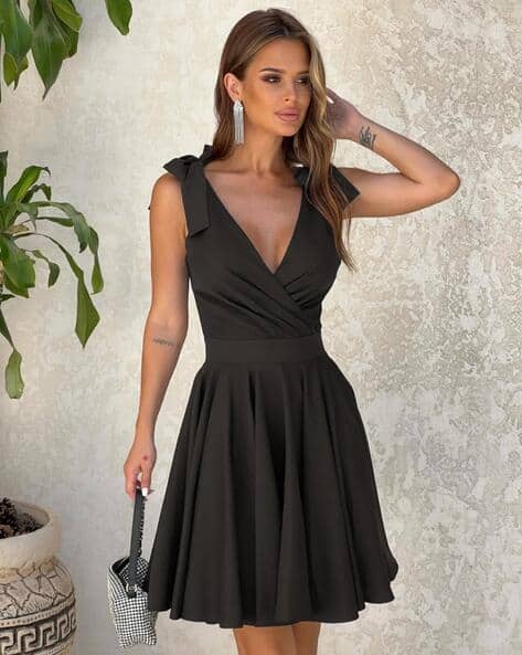 Women V-Neck Mini Fit Flare Dress