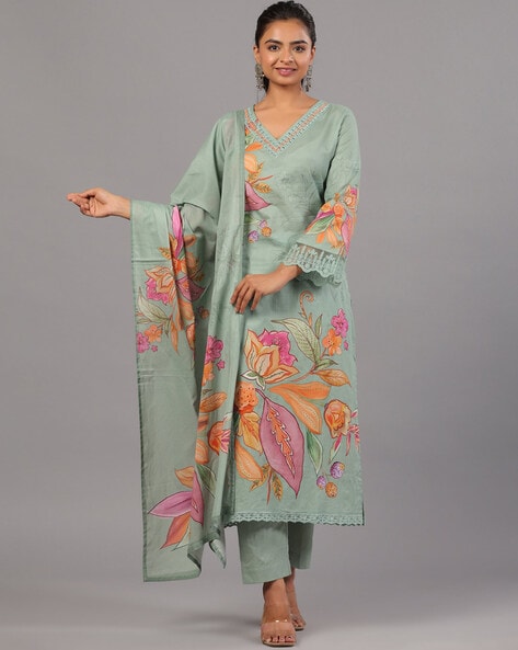 Women Floral Print Straight Kurta Suit Set