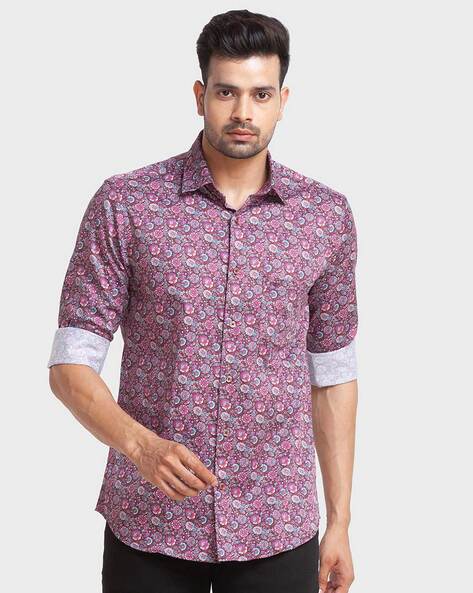 Floral Print Tailored Fit Shirt with Patch Pocket