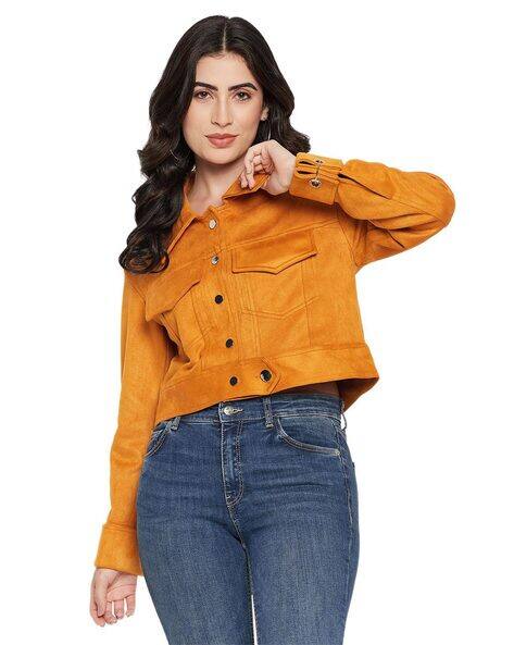 Women Relaxed Fit Denim Crop Jacket with Flap Pockets