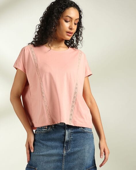 Women Schiffli Embrodiered Regular Fit Crew-Neck T-Shirt