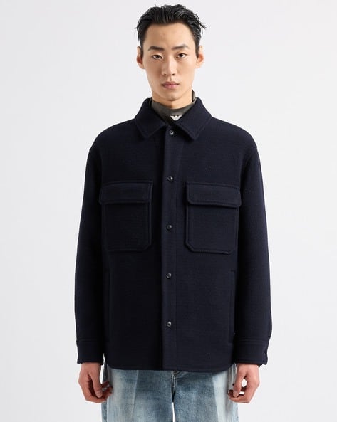 Buy EMPORIO ARMANI Relaxed Fit Virgin Wool Blouson Jacket | Navy