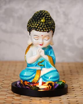 Praying Blue Monk Buddha with Wooden Base Fragranced Petals & Tealight-image-8