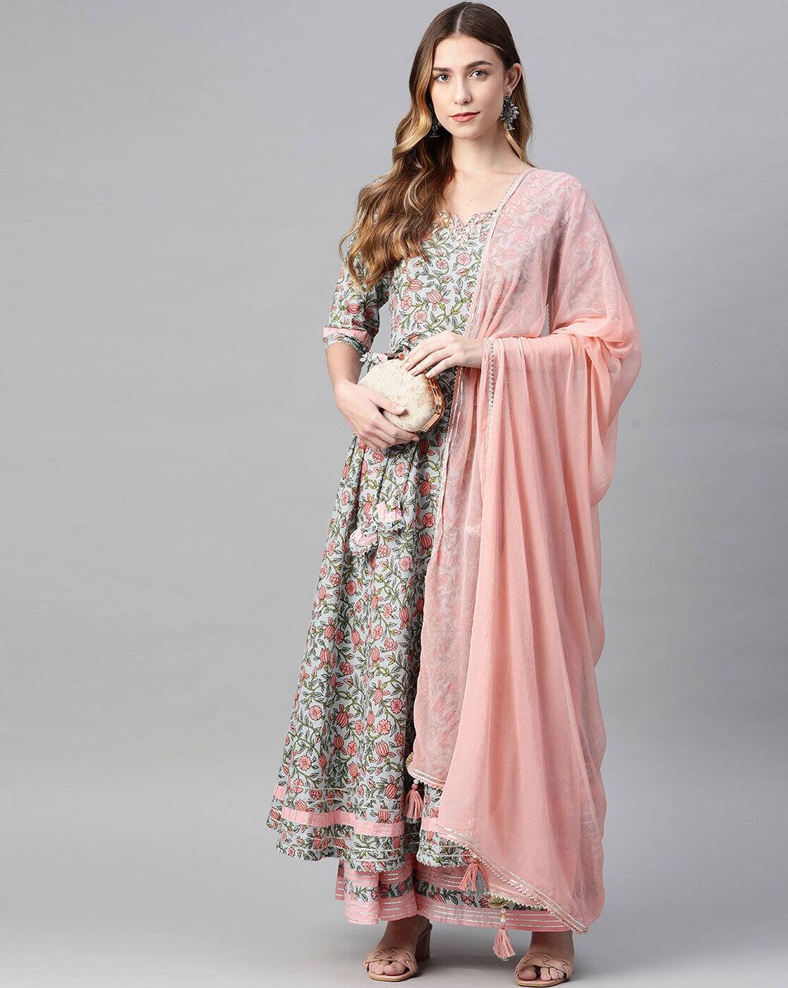 KD Damen Anarkali-Kleid Im Floralen Druck – Kurta-Set Mit Hose Und Dupatta, Perfekt Für Hochzeit, Party & Alltag
