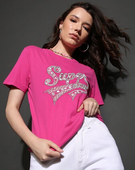 Women Embellished Regular Fit Crew-Neck T-Shirt