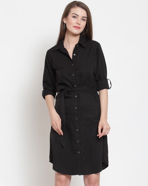 Shirt Dress with Patch Pockets and Tie Up