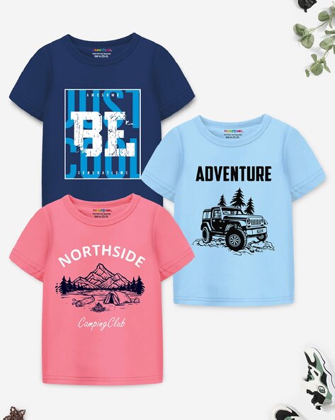 Boys Pack of 3 Graphic Print Regular Fit Crew-Neck T-Shirts