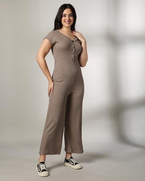 Women Ribbed V-Neck Cotton Jumpsuit