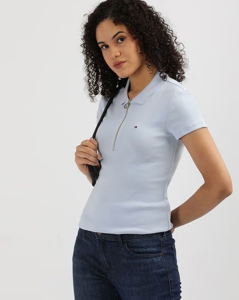 Women Mango Regular Fit Zip Polo T-Shirt