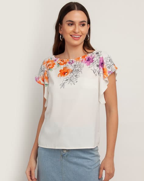 Zink London Floral Print Butterfly Sleeve Regular Top