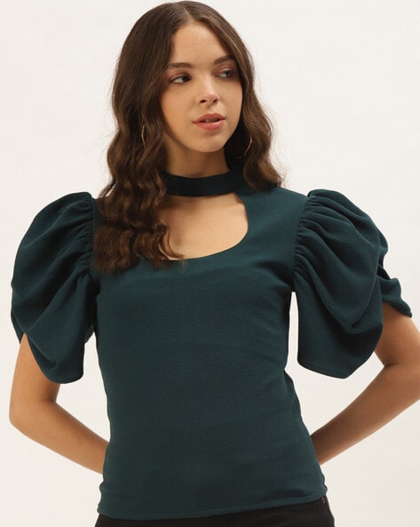 Zastraa Round-Neck Top with Cuffed Sleeves