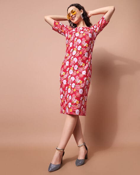 Women Floral Print Round-Neck Bodycon Dress