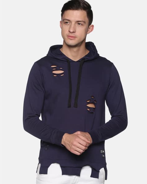 Slim Fit Distressed Hooded Sweatshirt