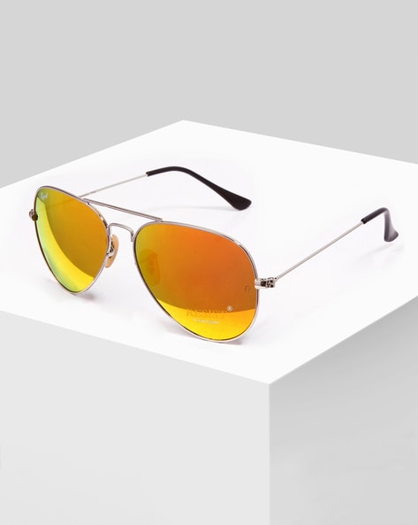 UV Protected Silver Orange Reflector Aviator Sunglasses for Men