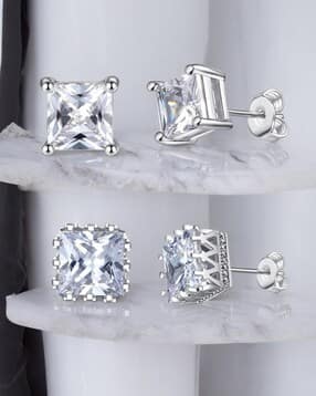 fabula Men Set of 2 Silver-Plated American Dimond-Studded Stud Earrings-picture-19
