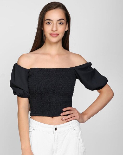 Smocked off shoulder crop top online