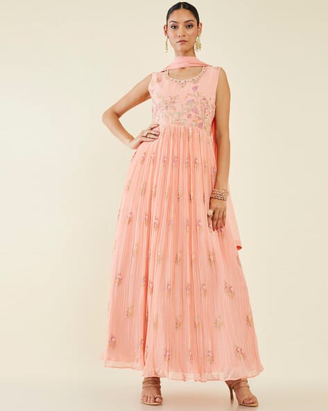 Floral Embroidered Fit Flare Kurta with Pants Dupatta