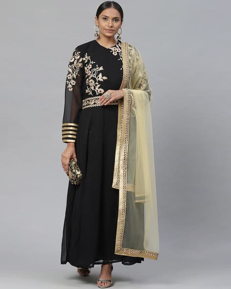 green emerald velvet dress Buy Black Sequins Zardosi Silk Anarkali Dupatta Set| KALKI Fashion USA main image 1