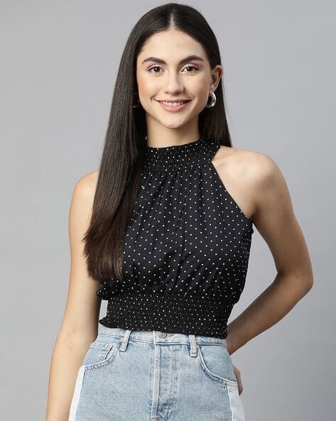 Micro Print Boat-Neck Crop Top