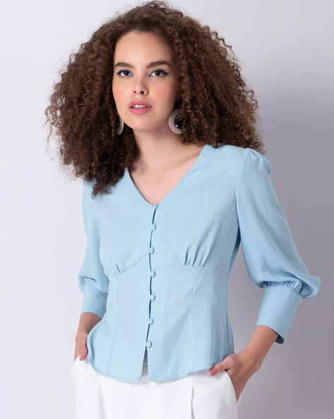 Faballey Button-Front Top with Cuffed Sleeves