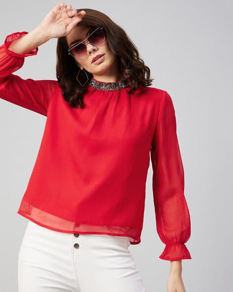 Buy MARIE CLAIRE Full-Length Sleeve Top with R Online | Ajio.com