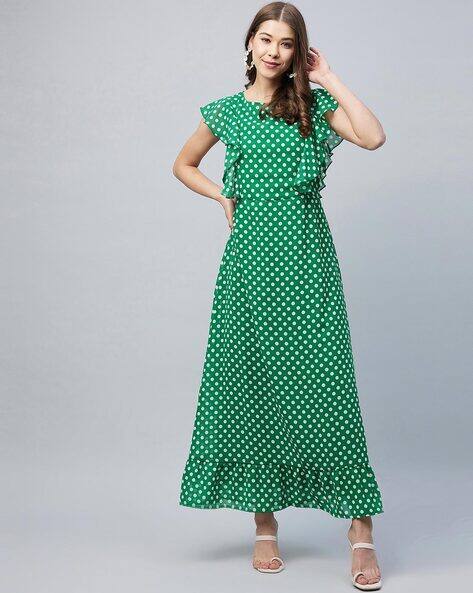 Polka-Dot Print A-line Dress with Butterfly Sleeves
