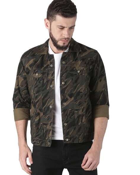 Camouflage Print Slim Fit Denim Jacket