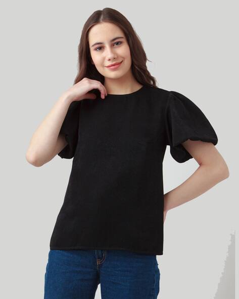 Zink London Round-Neck Top with Puff Sleeves