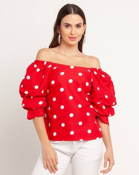 red polka dot off the shoulder top