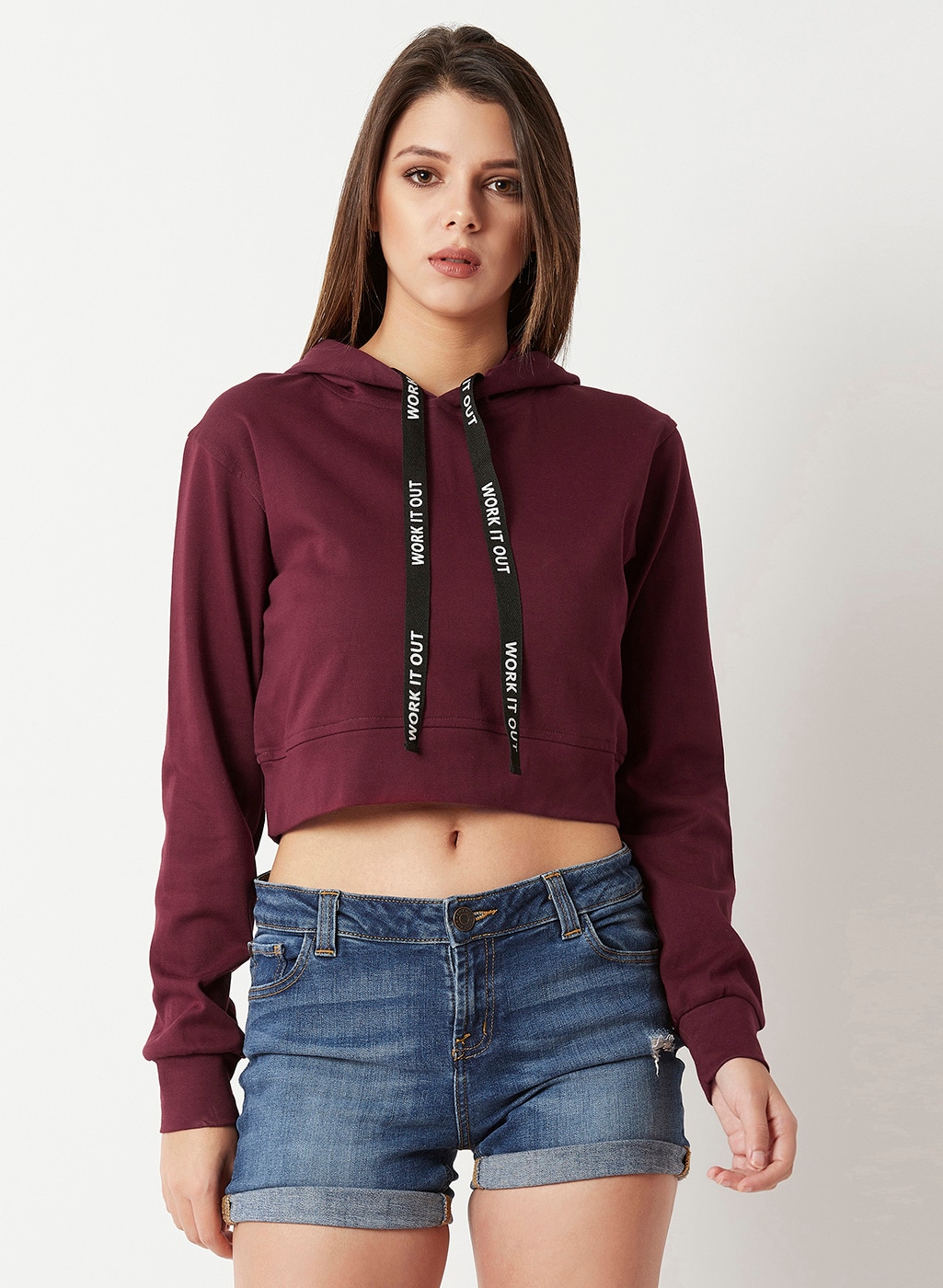 Maroon cropped hoodie sale