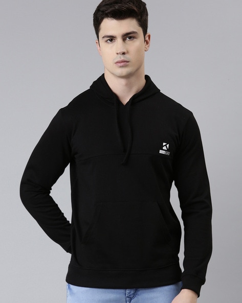 Ribbed Hems Kangaroo Pocket Hooded Sweatshirt