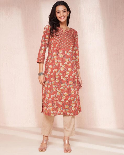 Fabindia Women Leaf Print Straight Kurta