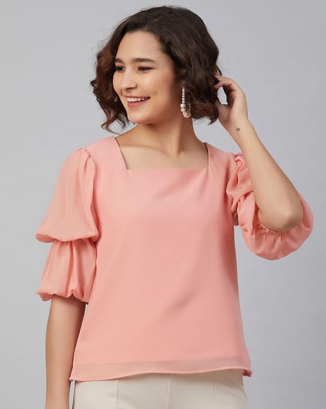 Square-Neck Top with Elasticated Sleeves