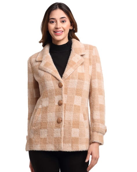 Houndstooth Print Peacoat with Insert Pockets