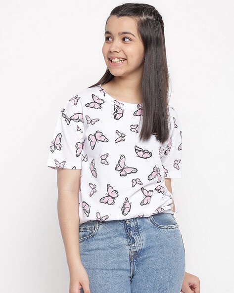 Butterfly Print Round Neck Top