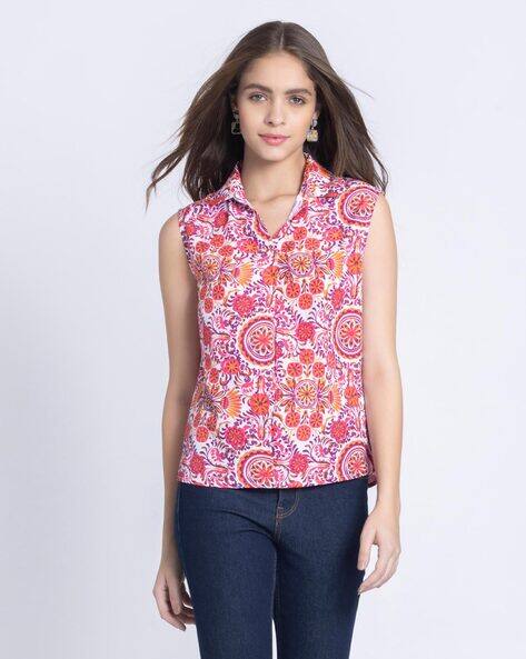 Shaye Women Relaxed Fit Floral Top with Collar Neck