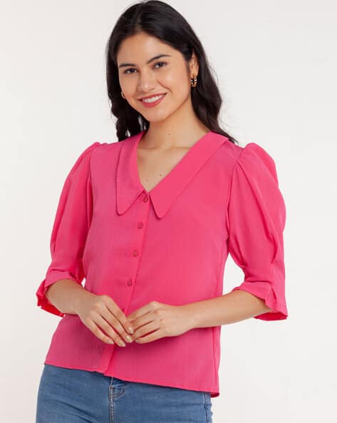 Zink London Collar-Neck Top with Puffed Sleeve