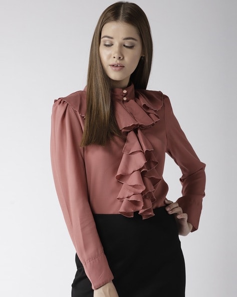 Band Neck Shirt with Ruffles