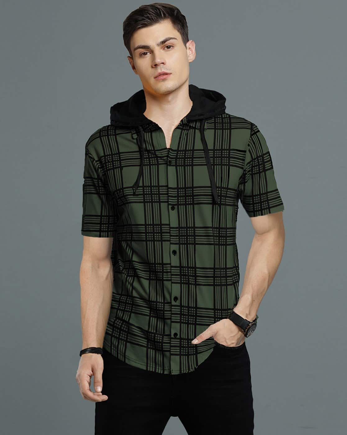 Buy LEWEL Checked Slim Fit Hooded Shirt Online | Ajio.com