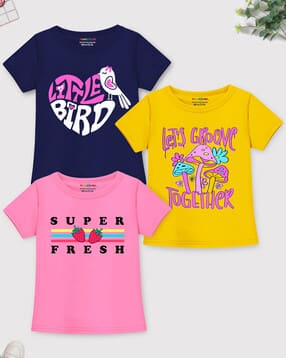 Girls Pack of 3 Typographic Print Regular Fit Round-Neck T-Shirts-image-41