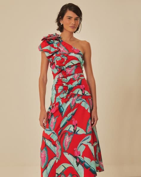 Buy FARM RIO Summer Foliage Cotton One Shoulder Maxi Dress Red