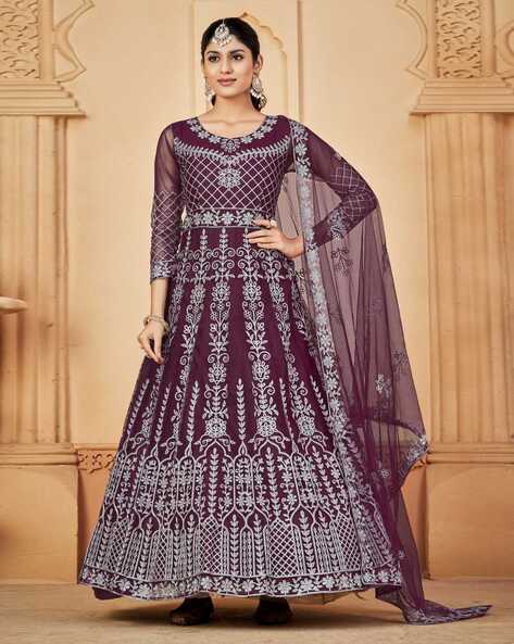 Embroidered Semi-Stitched Anarkali Dress Material Price in India