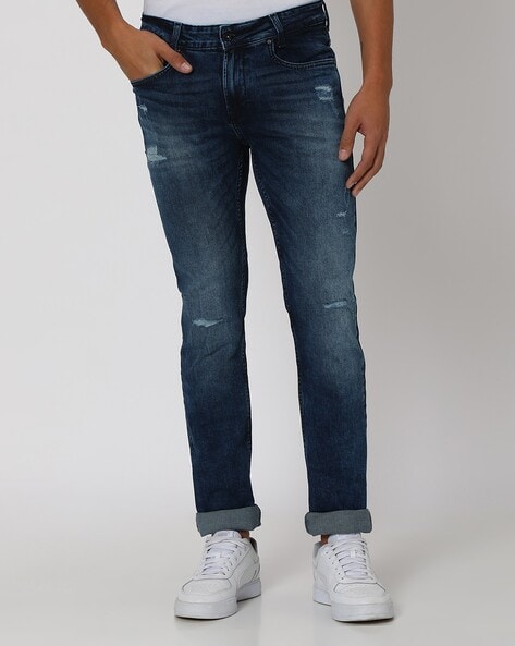 Men Lightly Washed Distressed Slim Fit Jeans