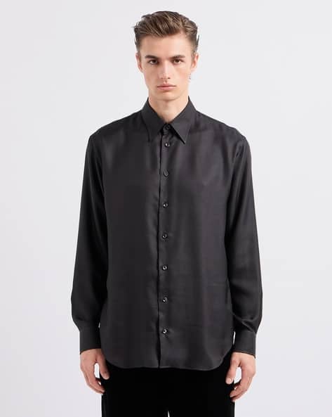 Buy GIORGIO ARMANI Regular Fit Silk Twill Shirt | Black Color Men