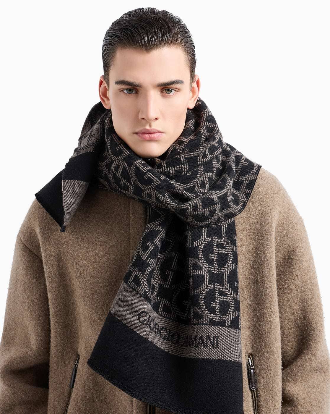 Buy GIORGIO ARMANI Wool All Over Logo Scarf | Grey Color Men
