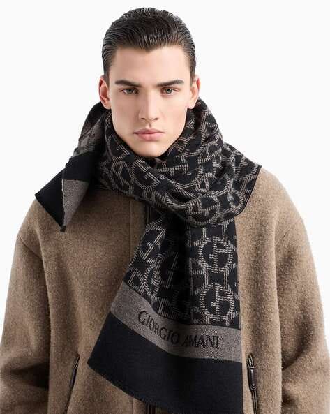 Buy GIORGIO ARMANI Wool All Over Logo Scarf | Grey Color Men