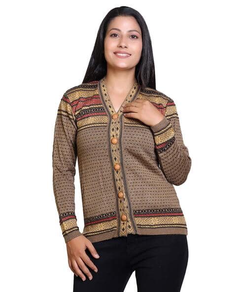 Women Geometric Woven Cardigan with Full Sleeves
